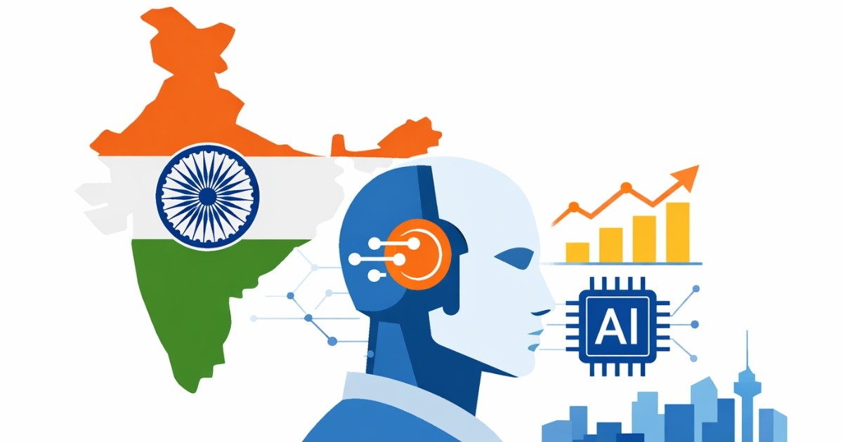 India launches 4 new AI tools for businesses Minimal editorial illustration showing India’s map connected to an AI-powered robotic head, digital microchip, and rising business graph, symbolizing new artificial intelligence tools driving business growth.