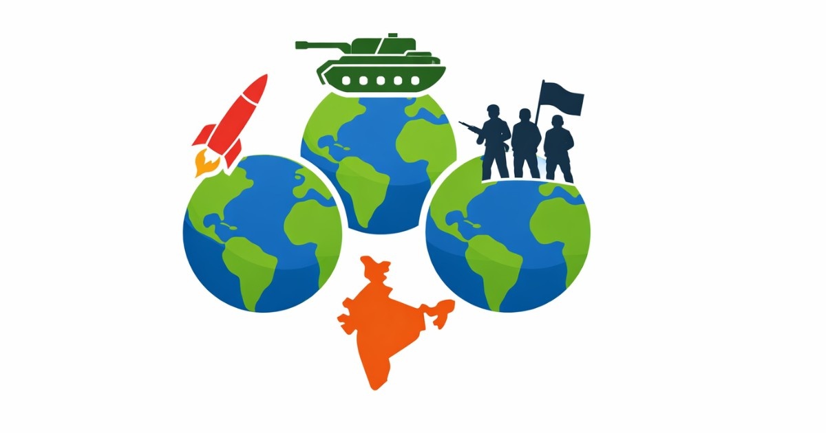 3 Global Conflicts 2026 Minimal flat vector illustration showing three globes with subtle military symbols (missile, tank, and soldiers) above them, and an orange silhouette of India below, on a white background.