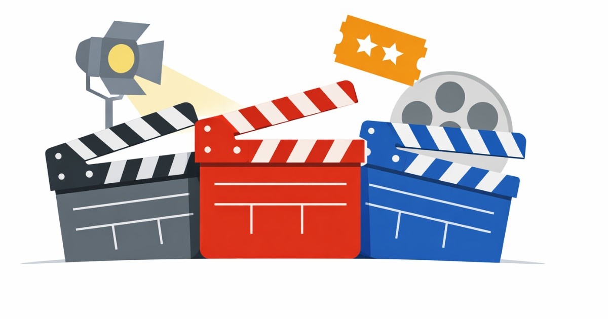 3 Major Film Releases This Friday Minimal editorial illustration showing three film clapperboards, a movie ticket, and a film reel under a spotlight, symbolizing multiple film releases and advance bookings, on a white background.