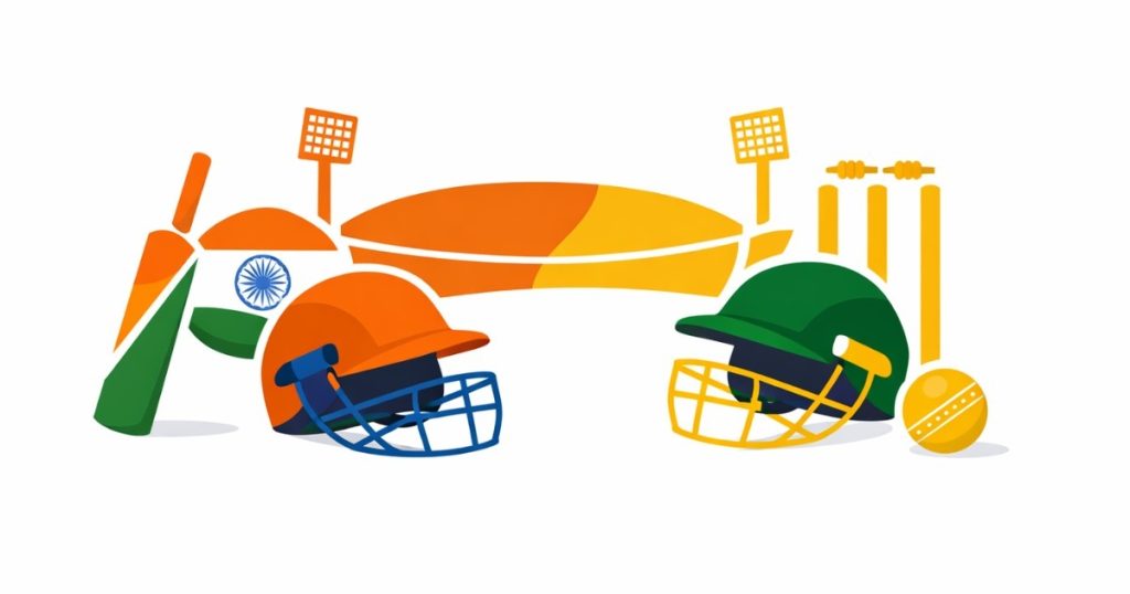 India vs Australia Series Minimal editorial illustration of two opposing cricket players symbolizing the rivalry between the India national cricket team and the Australia national cricket team, representing key players to watch in the upcoming series.