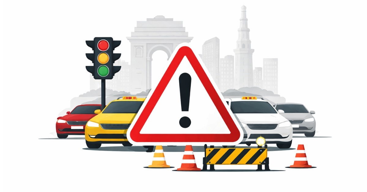 Minimal editorial illustration showing traffic congestion with warning signage and road barriers in Delhi during the Delhi AI Summit, symbolizing critical commuter alerts and temporary disruptions.