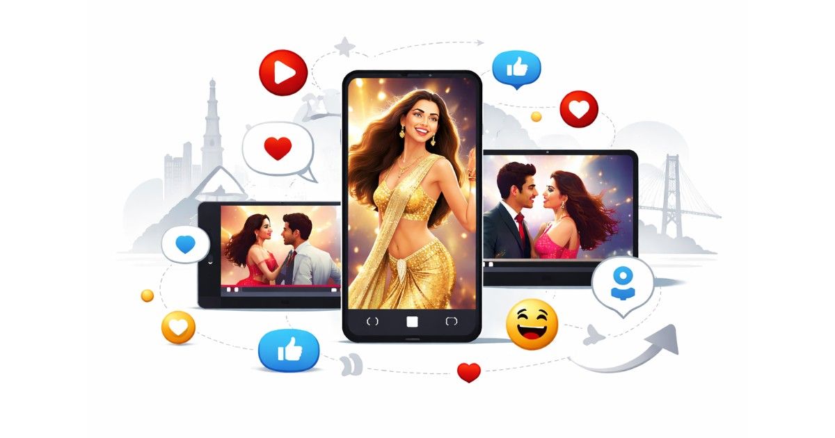 Bollywood social buzz illustrated through viral video icons and connected screens symbolizing culture clips spreading beyond Mumbai.