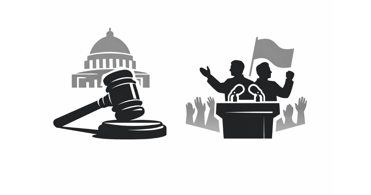 Freebies Culture Verdict editorial illustration showing court gavel and political podium