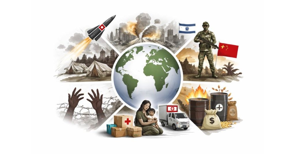 Global Tensions Today editorial illustration showing world conflict symbols