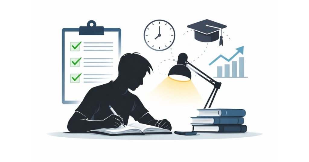 CBSE Board and Competitive Exam updates 2026 illustrated with a focused student studying under a desk lamp.