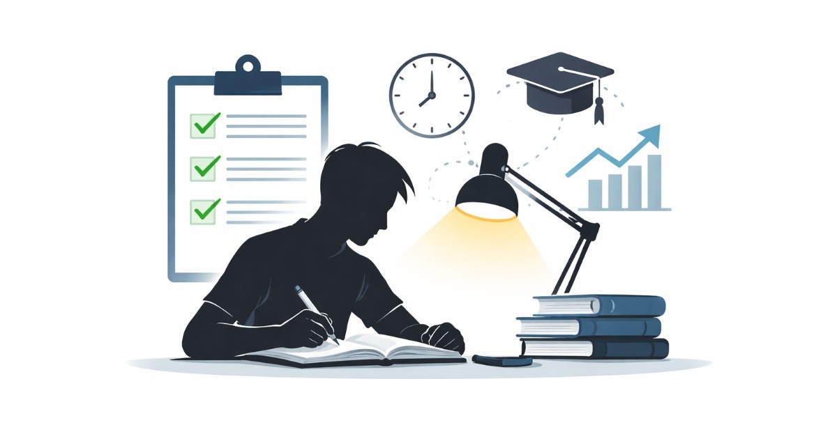 CBSE Board and Competitive Exam updates 2026 illustrated with a focused student studying under a desk lamp.