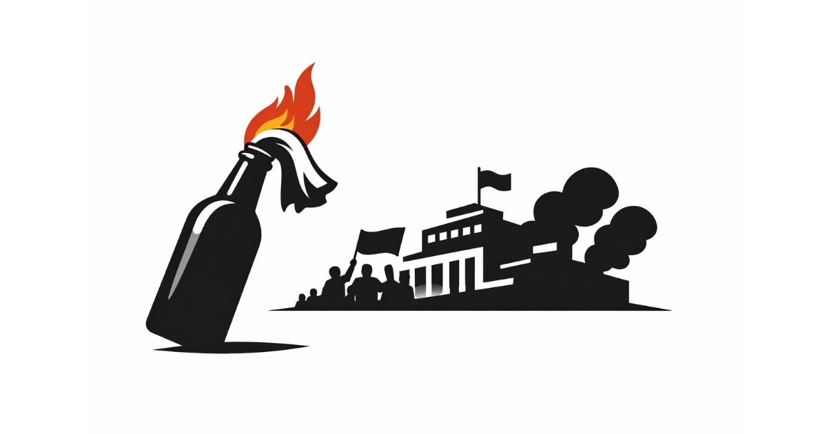 JNU Protest Violence — minimal editorial illustration showing a burning bottle and silhouetted campus protest scene.