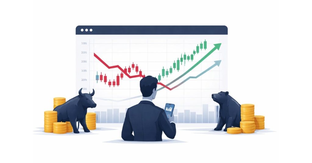 Stock Market Trends Today showing rising and falling market chart lines on a digital trading screen