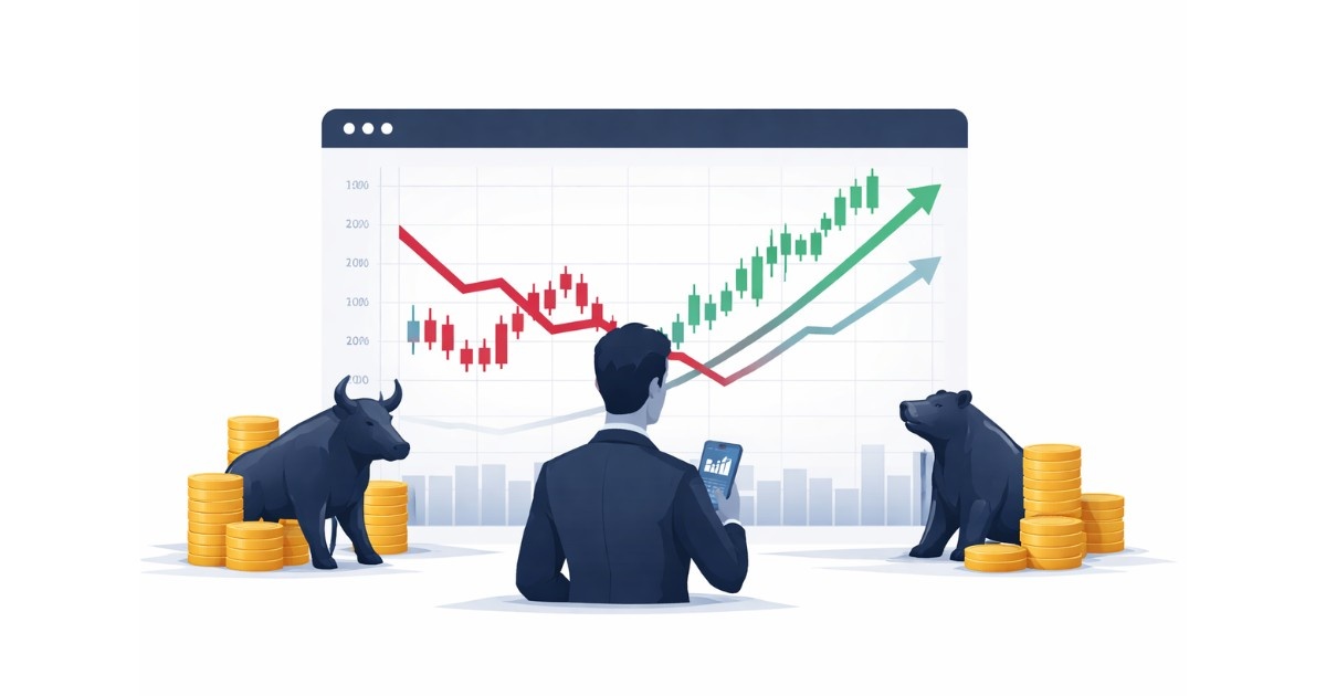 Stock Market Trends Today showing rising and falling market chart lines on a digital trading screen