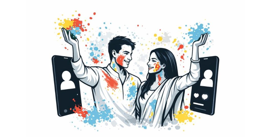 Bollywood Holi Moments showing popular actors celebrating Holi with bright colors, festive smiles, and traditional outfits during social media celebrations.