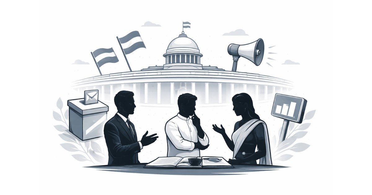 Political Shifts in India illustrated with symbolic parliament building and political discussion icons in a minimal editorial style.