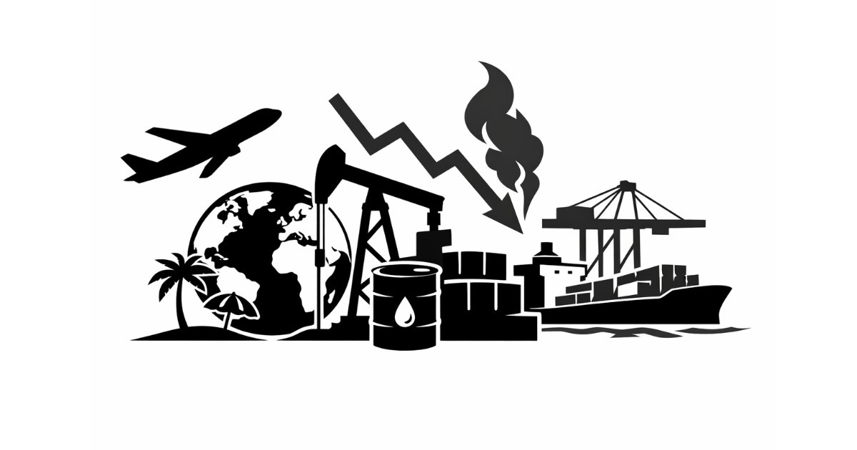 Global Trade Developments illustration showing global shipping, airplanes, and oil barrels affecting world economy