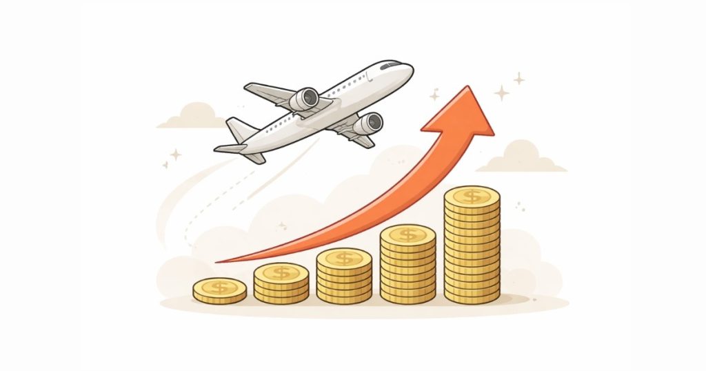 Flight ticket prices rise concept showing aircraft silhouette with upward arrow symbol