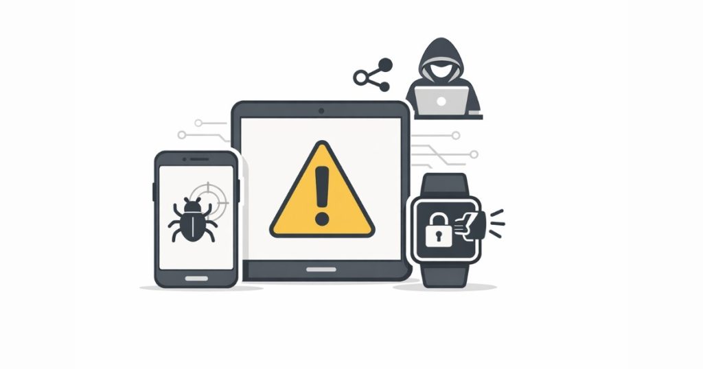 Android users hacking risk warning icon over smartphone and tablet