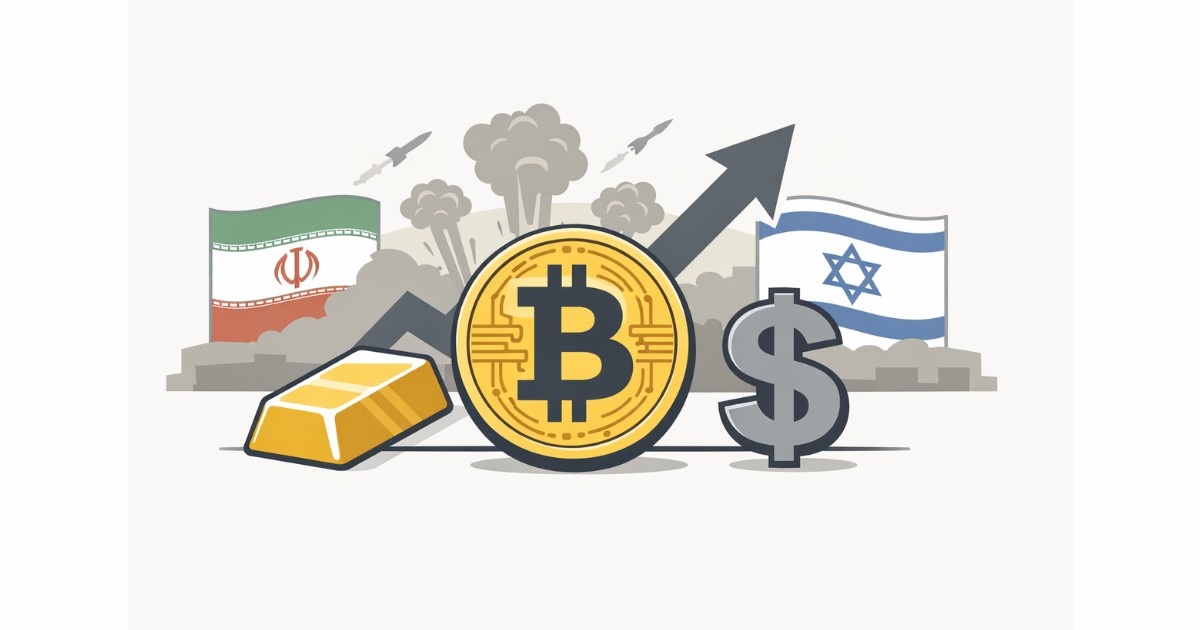 Bitcoin symbol rising with upward arrow alongside gold bar and dollar sign, representing Bitcoin surge as a safe-haven asset during geopolitical conflict.