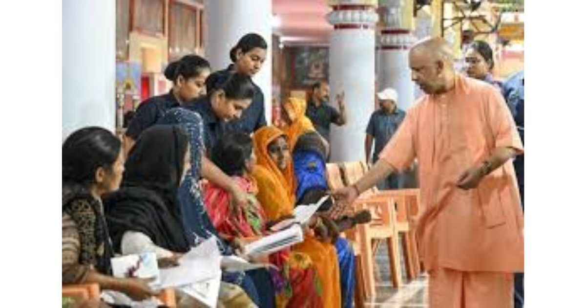 Yogi Adityanath interacting with citizens during Janta Darshan at Gorakhnath Temple in Gorakhpur