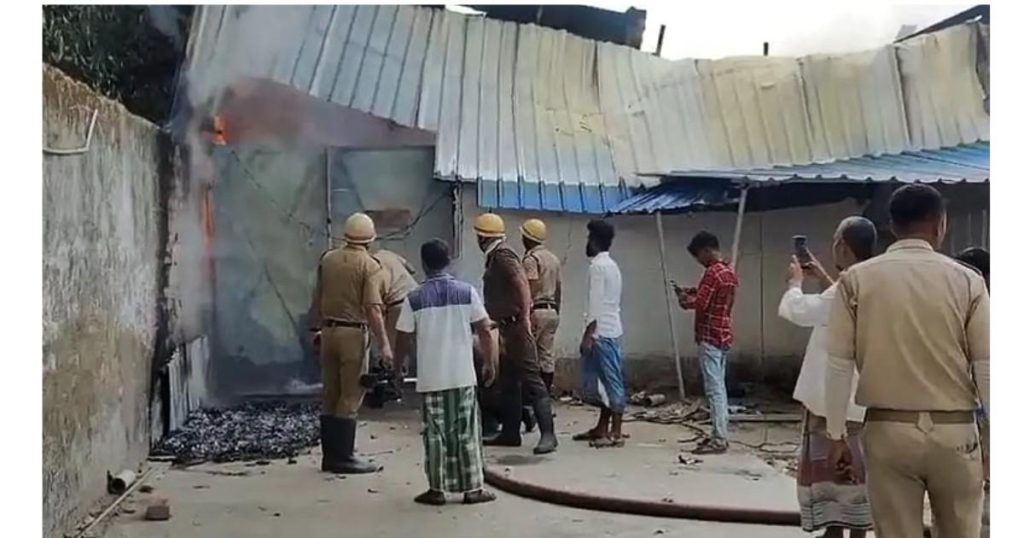 Firefighters controlling blaze at a chips factory in Bhangar, West Bengal