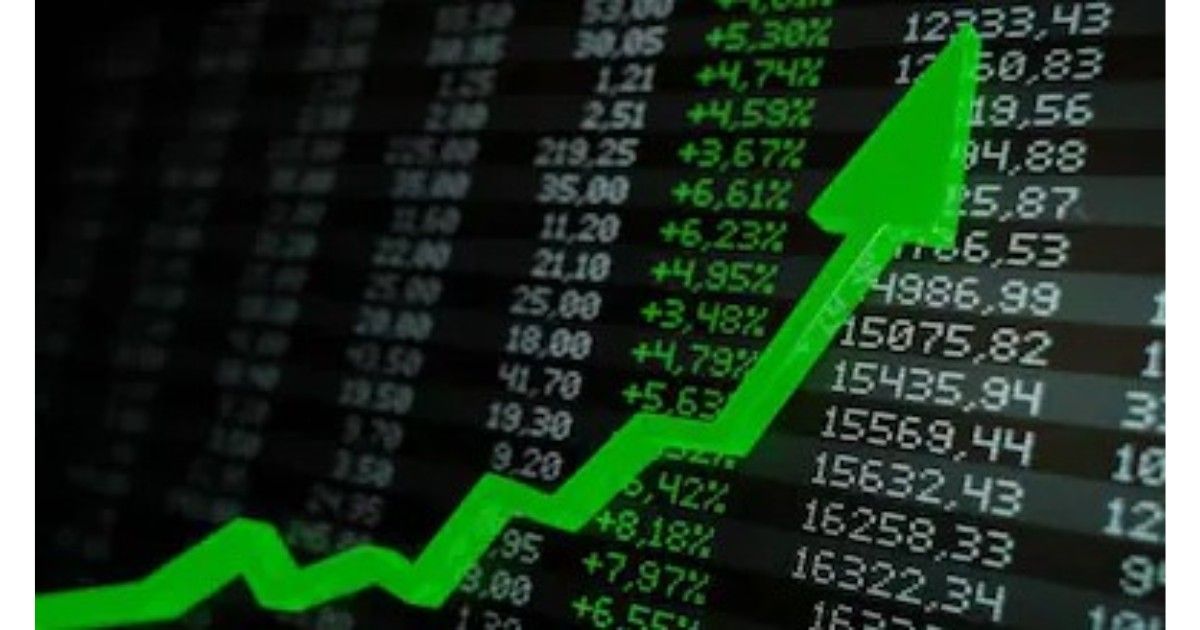 Stock market early trade showing Sensex and Nifty rising on trading screens with green indicators and investor activity