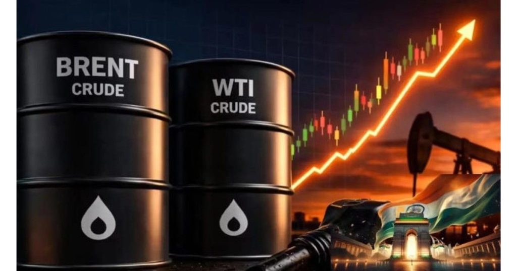 Oil refinery and rising crude prices symbolizing economic pressure on India due to global energy crisis