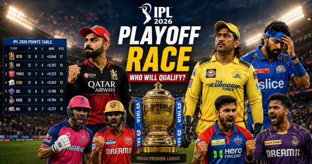IPL playoff scenarios graphic showing IPL points table and teams fighting for playoff qualification