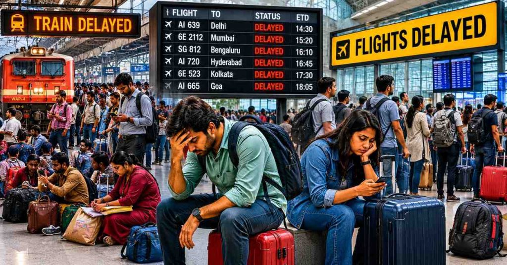 train and flight delay India passengers waiting at crowded railway station