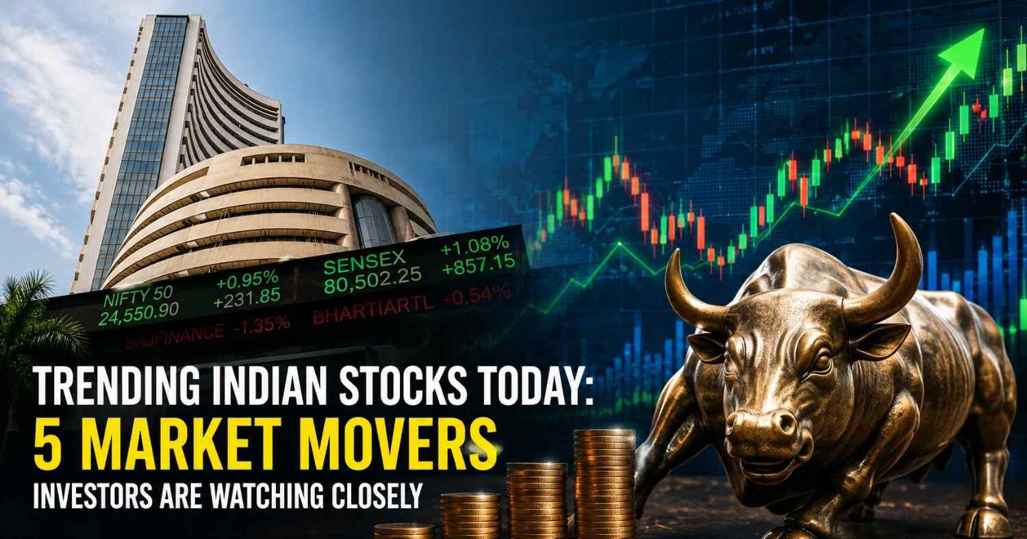 Stock market today trading screen showing green and red movement in trending Indian shares