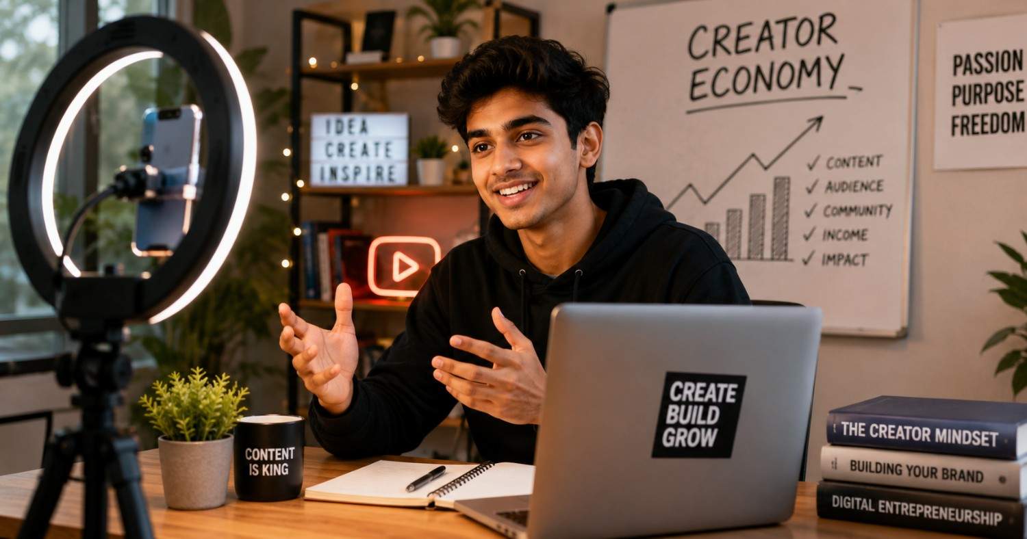 Young Indian content creator working with camera and laptop during creator economy India growth trend