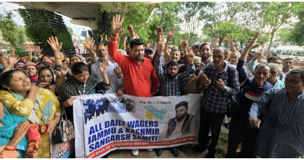 Daily wage workers protesting near Press Club Jammu demanding regularisation and minimum wages