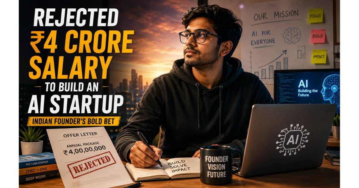 Indian AI startup founder working inside an AI startup office after rejecting a high salary corporate job