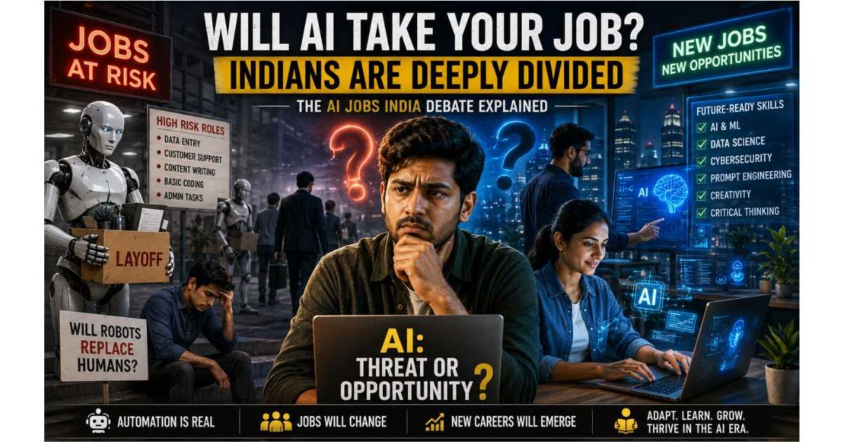 AI jobs India debate showing a robot working at an office desk while employees discuss layoffs