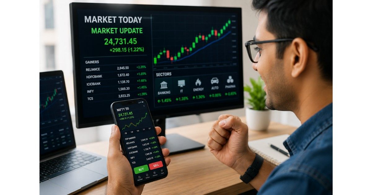 Retail investors tracking trending stocks on trading screens during stock market today India rally