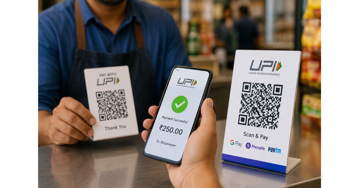 People using smartphones for UPI India digital payments at local shops and retail stores
