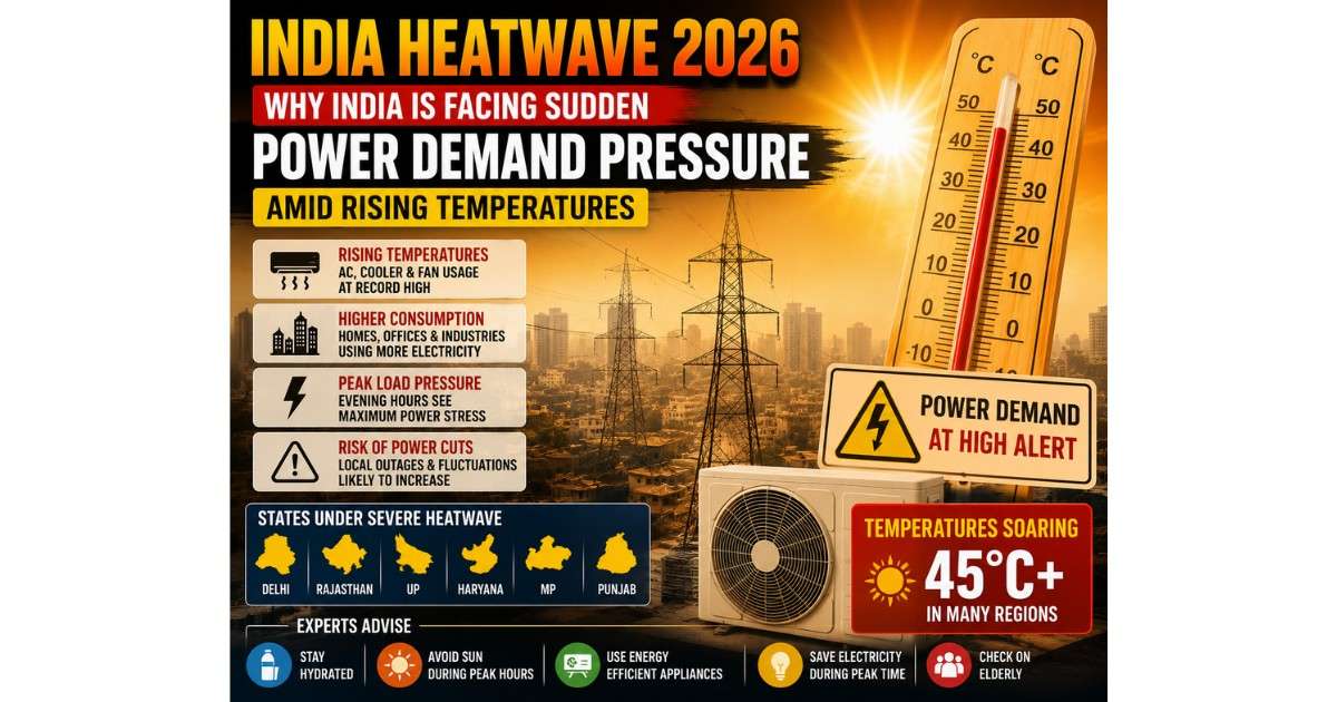 Blazing summer heat over Indian city skyline during India Heatwave 2026 causing rising electricity demand and power cuts