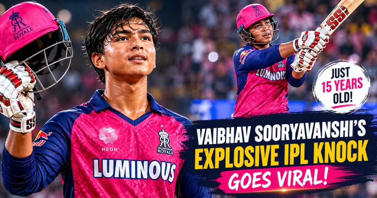 Vaibhav Sooryavanshi playing explosive IPL 2026 cricket shot during viral innings