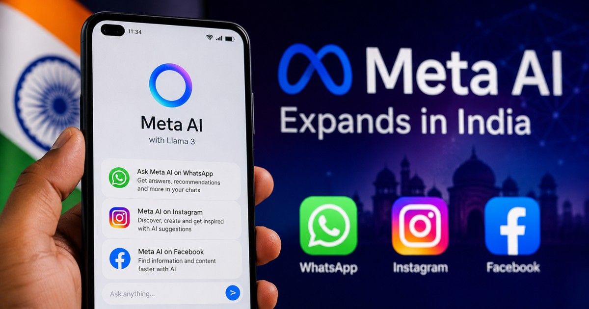 Meta AI India features displayed on WhatsApp and Instagram apps on smartphone