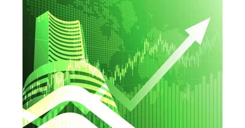 Stock market trading screen showing Sensex and Nifty gains