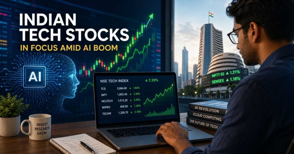 tech stocks India stock chart with AI robot illustration