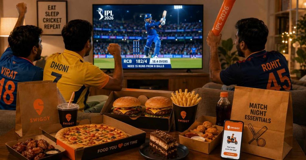 IPL 2026 food ordering trends show burgers and snacks beside a live cricket match screen during Swiggy IPL delivery surge