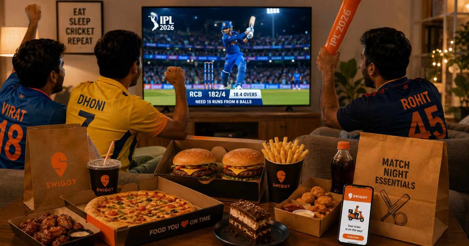 IPL 2026 food ordering trends show burgers and snacks beside a live cricket match screen during Swiggy IPL delivery surge