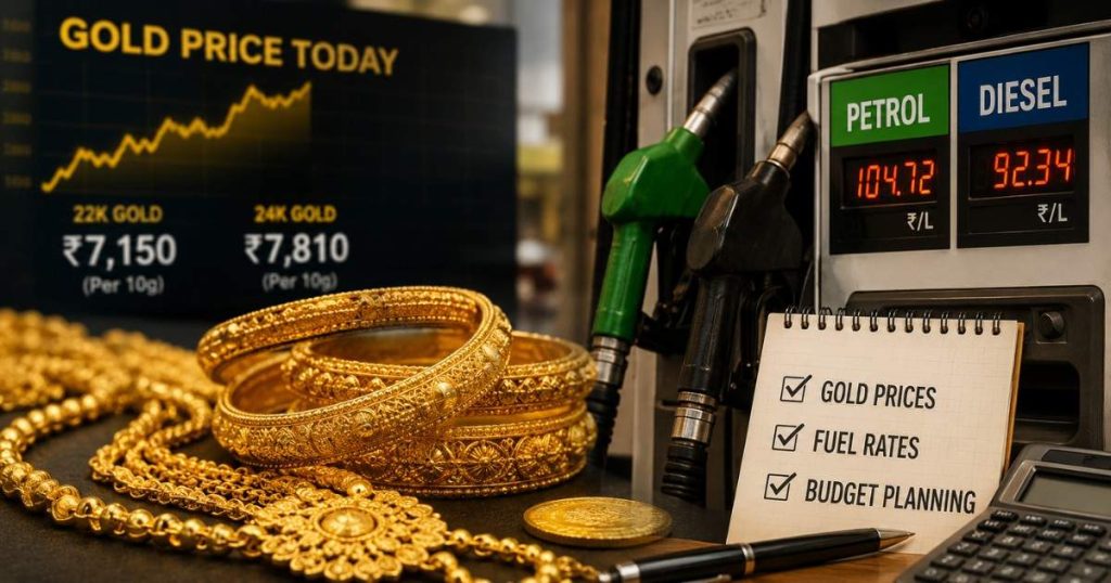 Gold price today displayed alongside petrol price board in India as consumers track rising costs