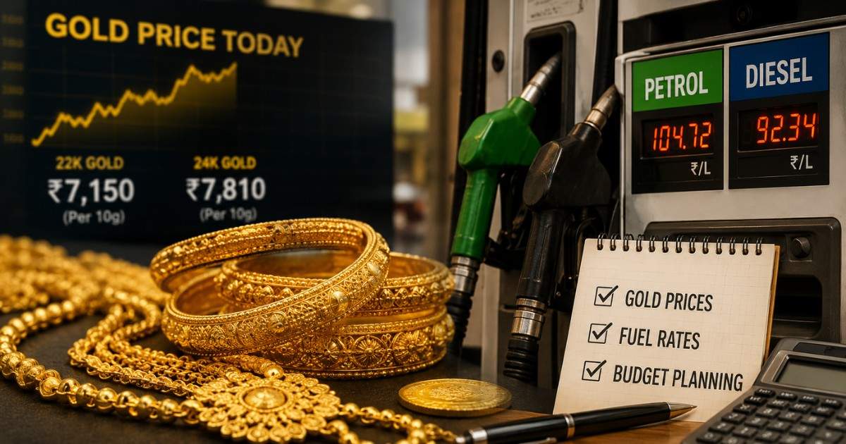 Gold price today displayed alongside petrol price board in India as consumers track rising costs