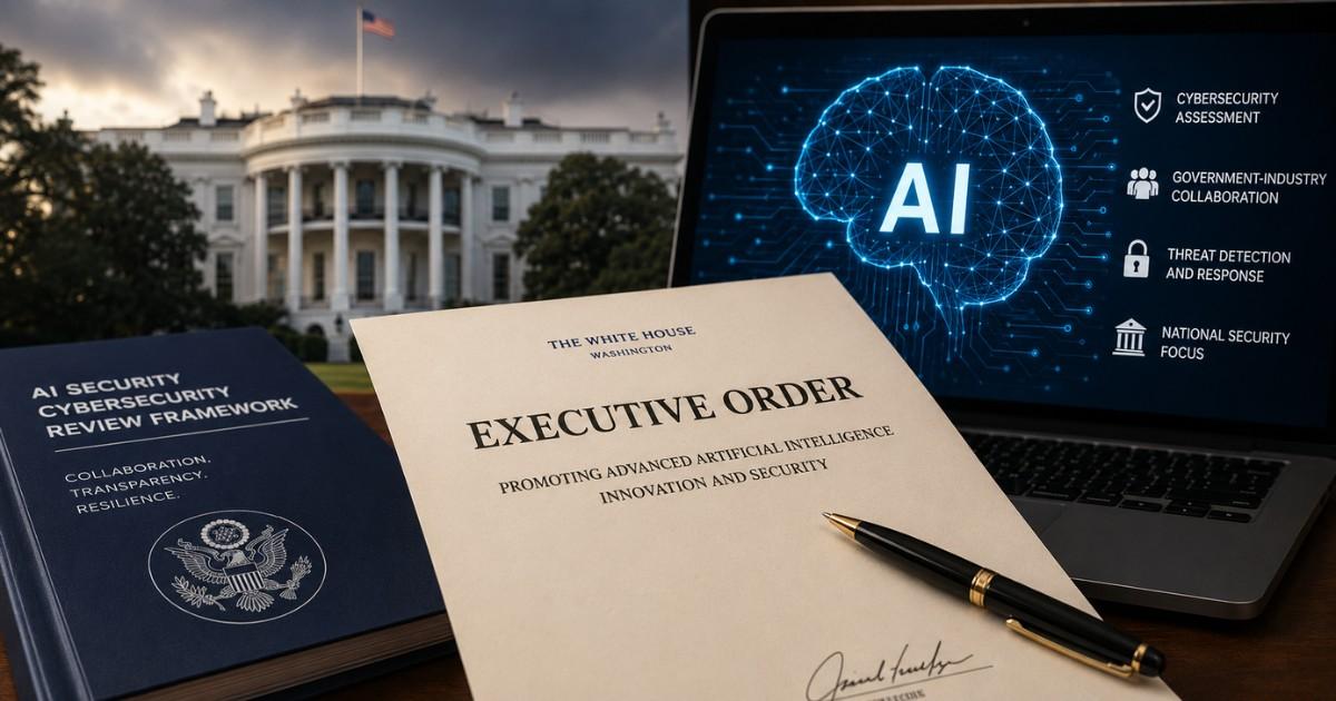 President Donald Trump signs an AI executive order at the White House as the administration introduces a voluntary cybersecurity review framework for advanced artificial intelligence models, highlighting growing concerns over AI security risks and national cyber defense.