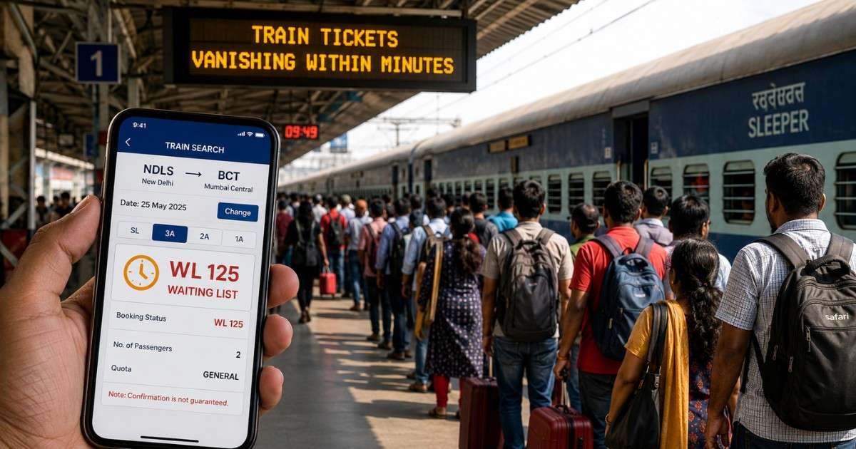 Passengers crowding Indian railway stations as train ticket waiting list numbers surge during the summer travel rush.