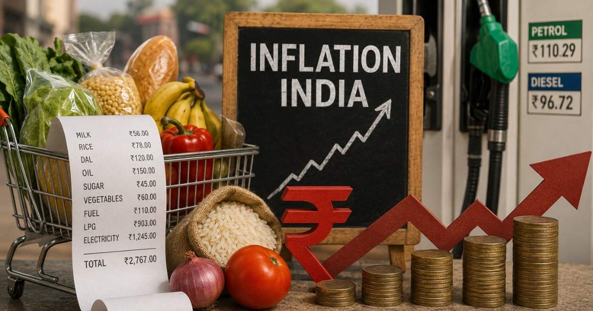 Indian family reviewing monthly expenses as inflation India concerns increase due to rising fuel and household costs.